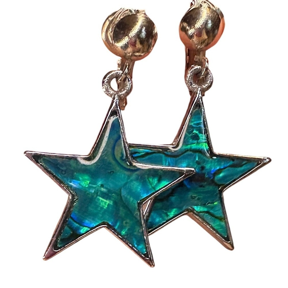 Vintage Teal Abalone Star Clip On Drop Earrings Silver Tone Celestial Jewelry